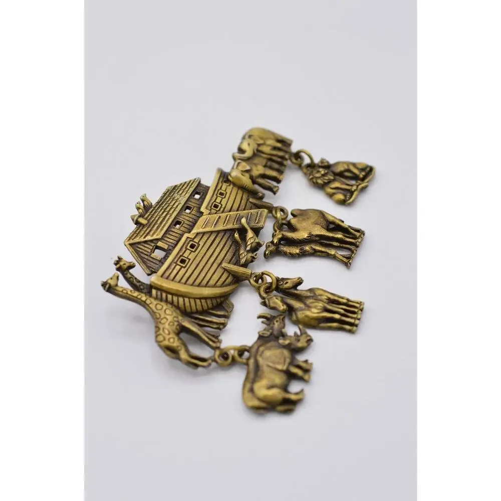 JJ Vintage Noah's Ark Charm Pin Brooch Animal Dangle Brass Signed NOS 80s BinAC
